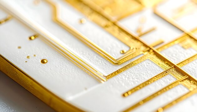 Detail of ceramic substrate with gold circuits for microelectronics on dark background with negative space