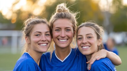 Naklejka premium Group of girls in blue soccer uniforms hug and cheer after winning a match on a grassy field during golden hour light