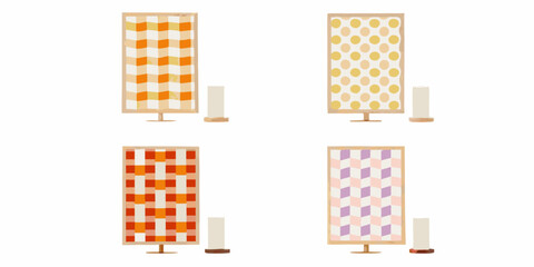 Four framed patterned panels with simple stands on a white background © Raju
