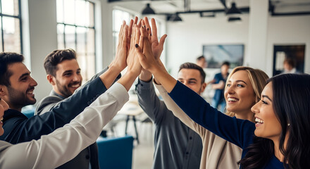 Obraz premium Diverse business team celebrating success with a high five in a modern office