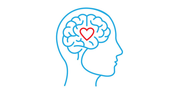 Mental Health Concept with Brain and Heart Inside Human Head Line Art Illustration