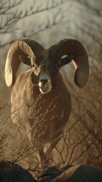Close-up of a bighorn sheep with large curved horns in natural rocky habitat.