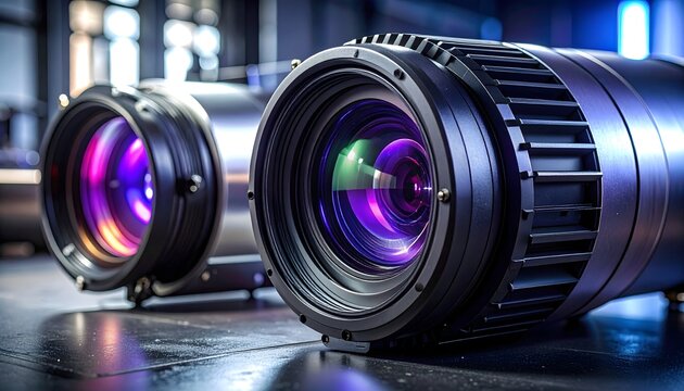 Macro view of industrial infrared thermal sensor with germanium lens on dark background with copy space