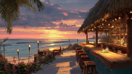 Fototapeta premium Tropical beach bar at sunset with tiki torches and ocean views.