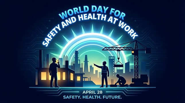World day for safety and health at work graphic design with city skyline workers and futuristic circuit pattern highlighting April 28 date and concept of safety health future for global workforce.