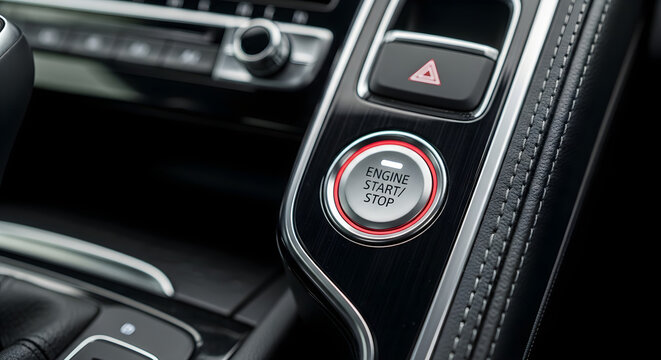 Close-up of Modern Car Engine Start/Stop Button in Black Interior