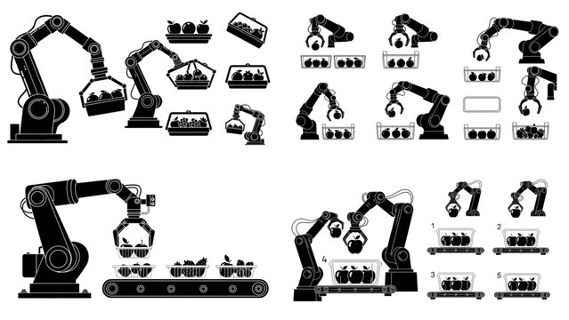 Industrial Robot Arms Sorting and Packing Fruits in Baskets, Automated Agricultural Harvest System Silhouettes, Illustrating robotic arms handling fruit like apples and berries on conveyor belts 