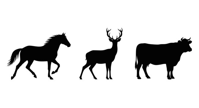 Silhouettes of horse deer and cow.