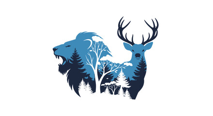 Obraz premium Blue silhouette of bear and deer.