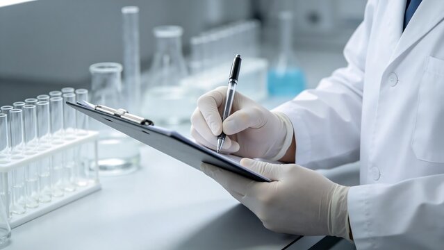 Scientist in lab writing on clipboard