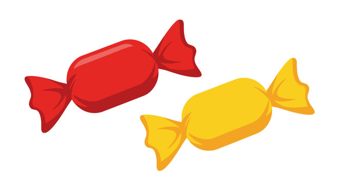 Two colorful wrapped candies, red and yellow, isolated on white background