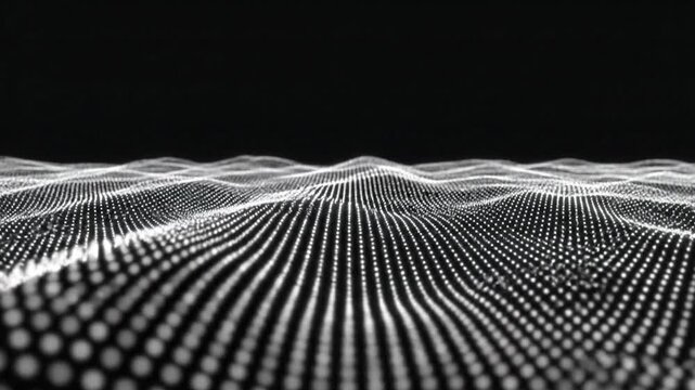 Abstract digital landscape composed of glowing white particles forming undulating waves against a dark background