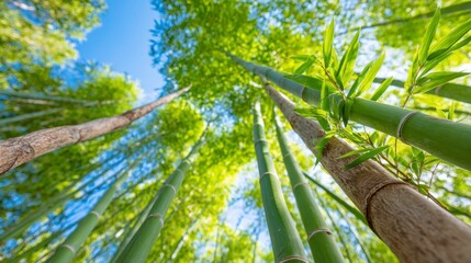 Fototapeta premium Bamboo trees stretch upwards towards the sky with sunlight filtering through vibrant green leaves creating a lively atmosphere