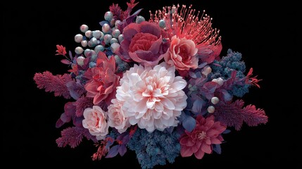 Obraz premium Wedding bouquet with flowers, flat design, top view, 3D render, Triadic color scheme, elegant and spooky arrangement.