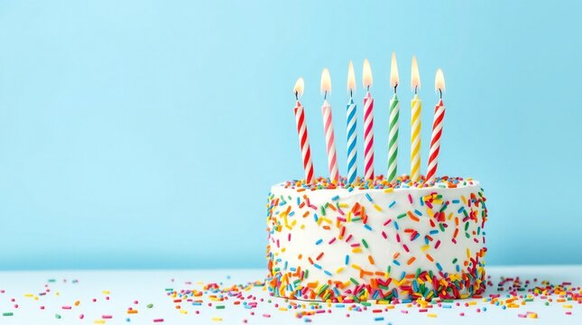 Festive birthday cake with colorful sprinkles and lit candles on blue background