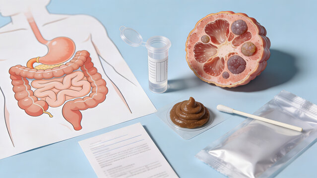 Colon Cancer Screening Concept with Fecal Sample Collection Kit and Anatomy Illustration