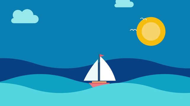 Sailboat Sailing on Blue Sea Flat Vector Animation