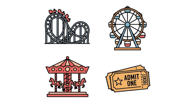Colorful amusement park ride icons set.