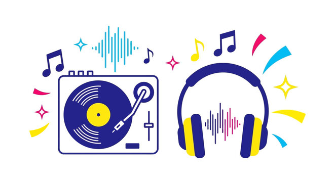 Music Headphones Vinyl Record Player.
