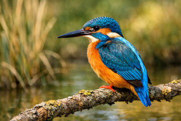 Fototapeta premium Common kingfisher perched on branch above river in lush green forest, showcasing vibrant blue and orange plumage, wildlife beauty, natural habitat and serene nature photography scene