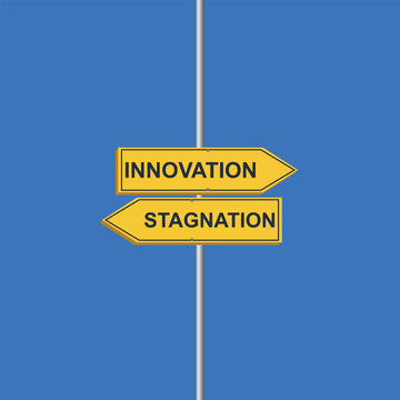 Innovation versus stagnation concept, business decision signs, directional arrows, yellow pointers