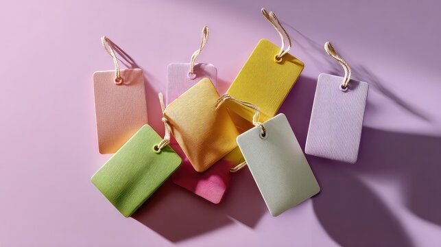 Colorful blank tags arranged on a soft pink surface with shadows highlighting their textures and shades, ideal for creative branding and gift applications