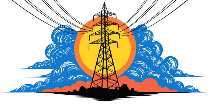 Electrical transmission tower against large yellow sun and clouds with transmission electricity illustration silhouette industry electrical landscape stylized infrastructure engineering