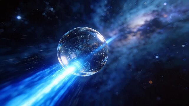 Sci-fi transparent sphere with blue light beam in space