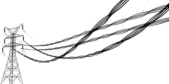 Electrical transmission pylon with thick cable power lines electricity transmission electrical infrastructure industrial distribution engineering conductors insulators silhouette isolated