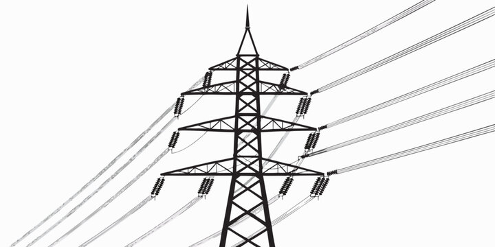 High voltage steel electricity tower with multiple transmission cables electricity transmission electrical infrastructure industrial distribution engineering conductors insulators silhouette