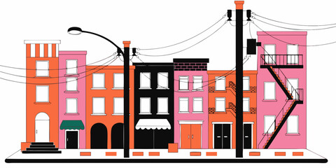Flat vector illustration of city street buildings with fire escapes and power lines buildings architecture illustration minimalist colorful urbanism streetscape neighborhood metropolis © Sp