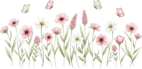 Obraz premium A beautiful watercolor illustration featuring a delicate meadow of pink and white wildflowers with soft fluttering butterflies on white background