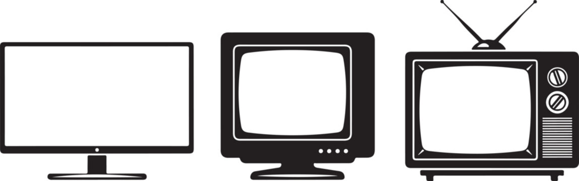 Set of computer monitor, old tv, retro tv set. isolated on transparent background. modern and retro tv icons. vector illustration.
