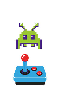 Retro Arcade Game Icon: Pixelated Alien Invader and Classic Joystick