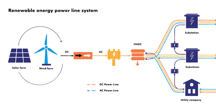 Renewable energy power line system diagram showing solar and wind generation to substation with renewable electricity transmission sustainable infrastructure technology environment generation