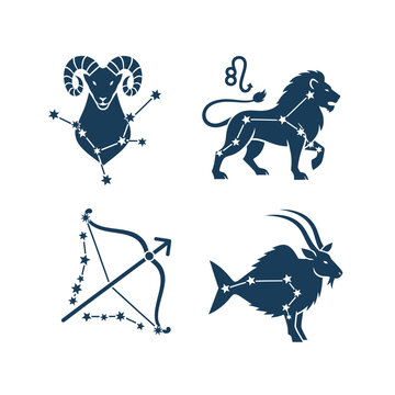 Zodiac constellations: Aries, Leo, Sagittarius, Capricorn - dark blue icons