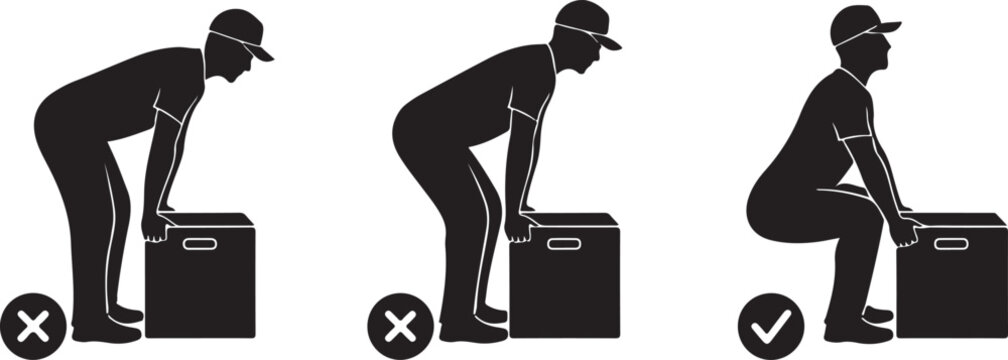 Proper and improper lifting techniques for heavy objects, demonstrating correct posture for safety and injury prevention.