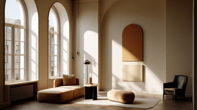 Sunlit contemporary living space showcases minimalist furniture arrangement near tall arched windows