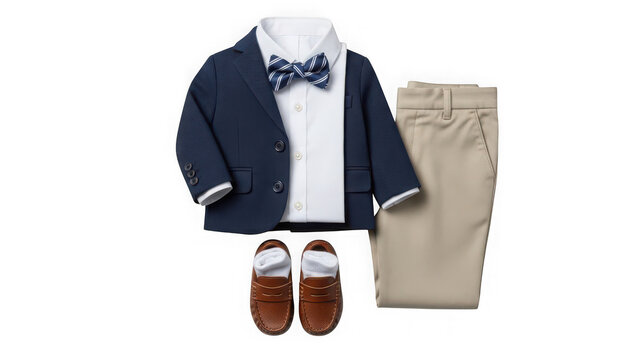 A stylish outfit for a young boy consisting of a navy blazer, white shirt, khaki pants, and brown shoes on transparent background
