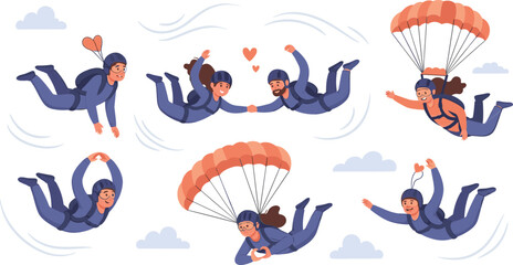 Skydiving Couple Cartoon Illustration Set with Parachute Freefall Love Gesture and Adventure Extreme Sport Characters Collection © MdAlom