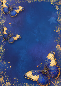Whimsical Butterflies on Blue Background with Golden Accents: Vintage-Style Nature Illustration and Decorative Art with Floral Patterns and Colorful Wings