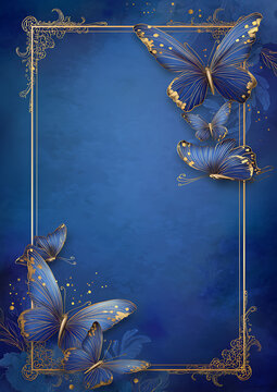 Whimsical Butterflies on Blue Background: Delicate Elegance with Gold Accents and Artistic Border for Nature-Inspired Digital Artwork