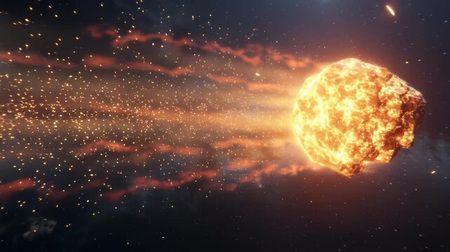 Illustration of a fiery meteor blazing through space with glowing particles and cosmic background.