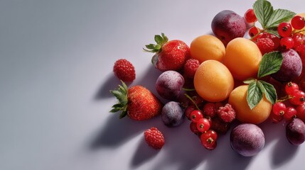 Obraz premium Fresh and Vibrant Assortment of Juicy Fruits Including Strawberries, Plums, Apricots, Raspberries, Currants, and Mint Leaves on Soft Background