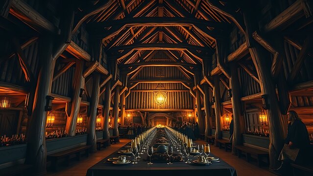 longhouse. Interior of a Viking longhouse with carved pillars and a table set for a feast. event programs, museum guides, designed for cultural heritage projects and event programs.