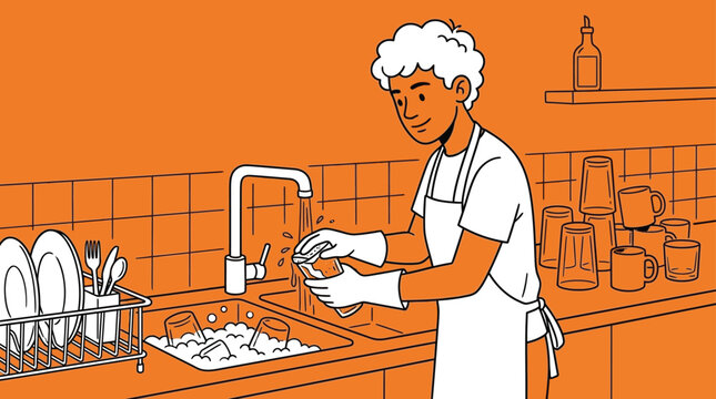 Young Man with Apron Washing Glass in Kitchen Sink Minimalist Two Tone Illustration