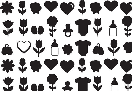 Collection of baby icons black and white hearts flowers baby clothes bottles pacifiers eggs with collection pacifier childhood babyhood babybottle monochrome minimalist babywear