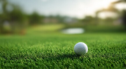 Obraz premium Golf ball sits on a lush green field with trees and buildings blurred in background