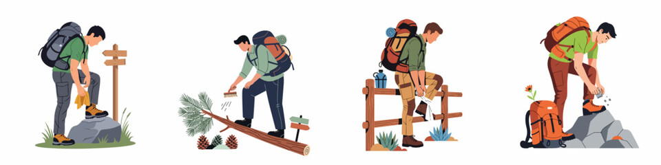Fototapeta premium Vector illustration set of hikers cleaning boots and gear to practice leave no trace ethics and prevent the spread of invasive species.