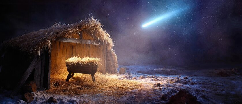 Artistic digital illustration of an empty manger in a rustic wooden stable at night with a bright shooting star in a vast starry sky